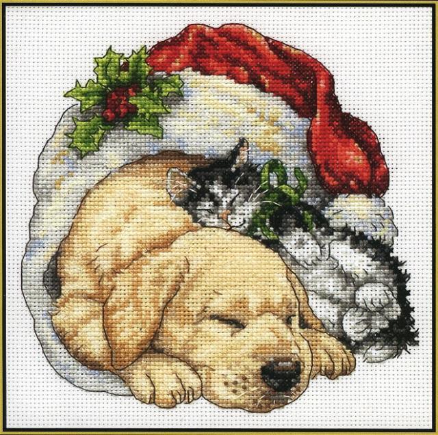 Схема вышивания крестом - Новогодние щенок и котёнок